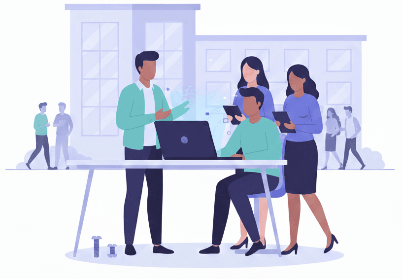 Campus partnership illustration showing collaborative work environment with modern professional interaction